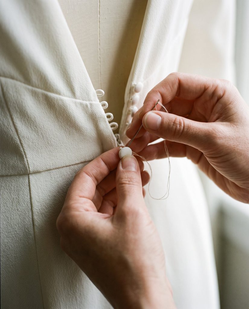 Deux mains cousent un petit bouton recouvert sur une robe ivoire