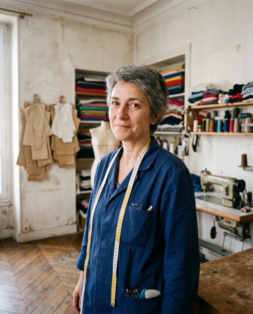 Solène Marchand, blouse bleue et mètre ruban autour du cou, dans son atelier
