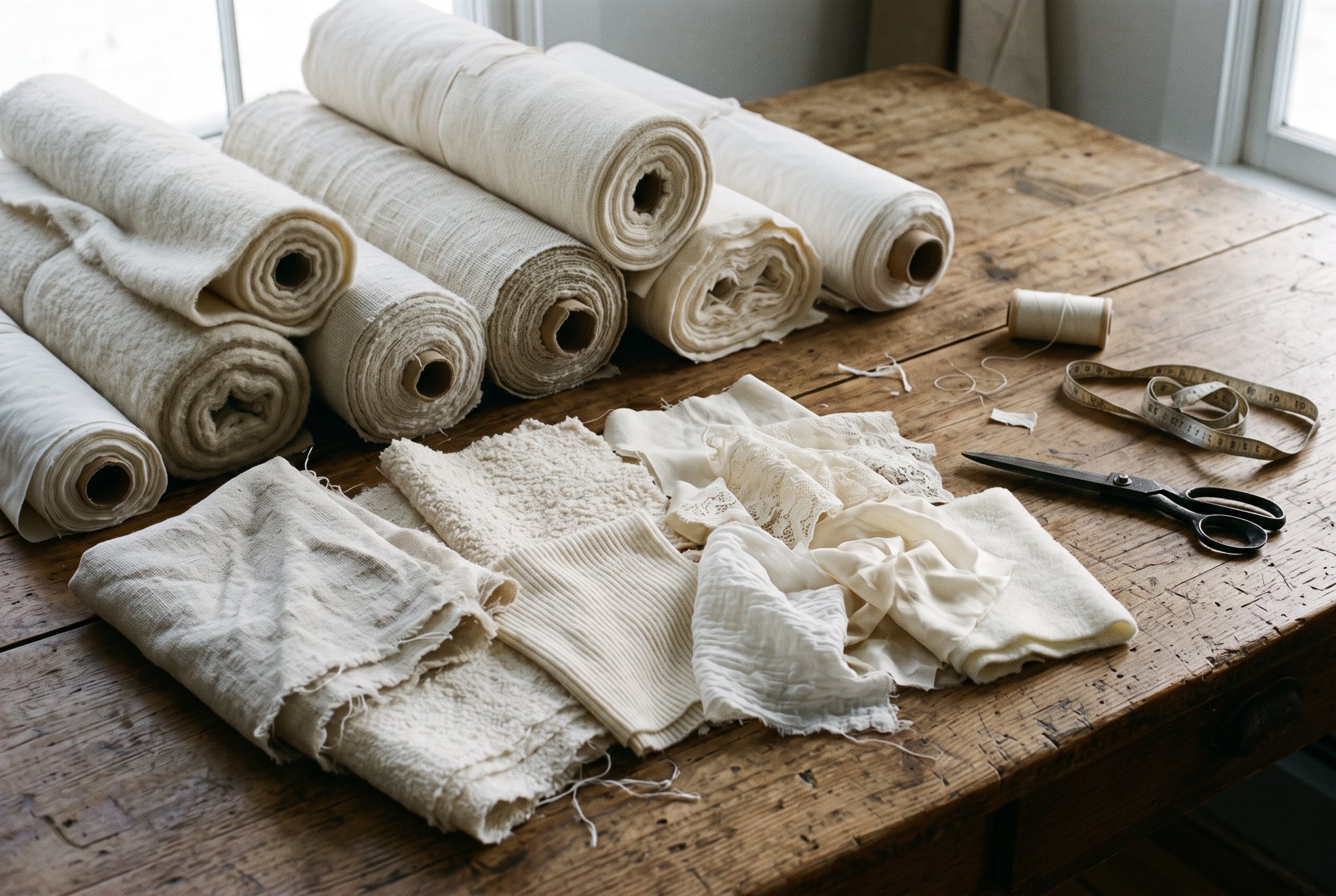 Rouleaux et coupons de tissus ivoire sur une table en bois