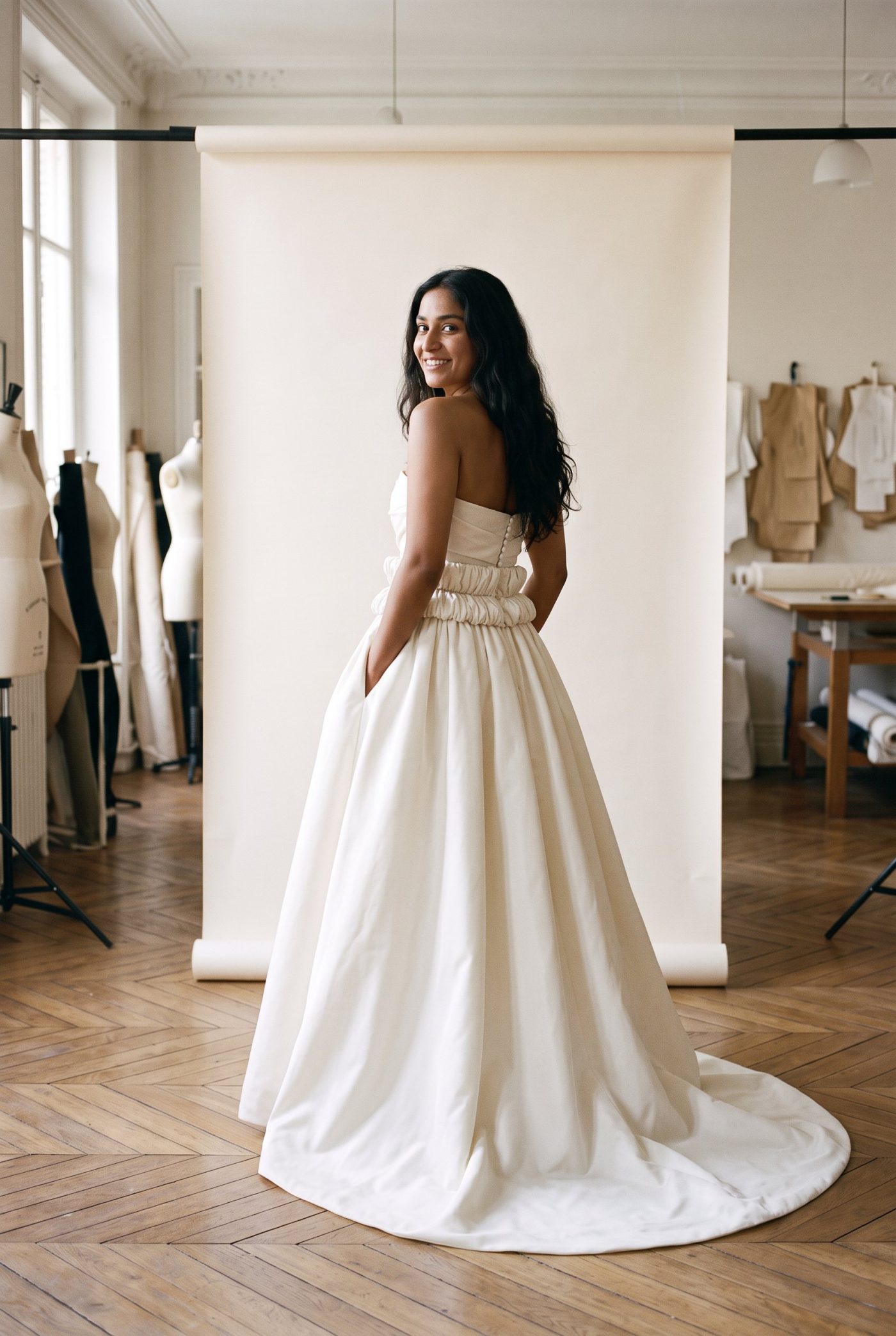 Robe de mariée Bouillonné vue de dos, devant un fond de papier écru