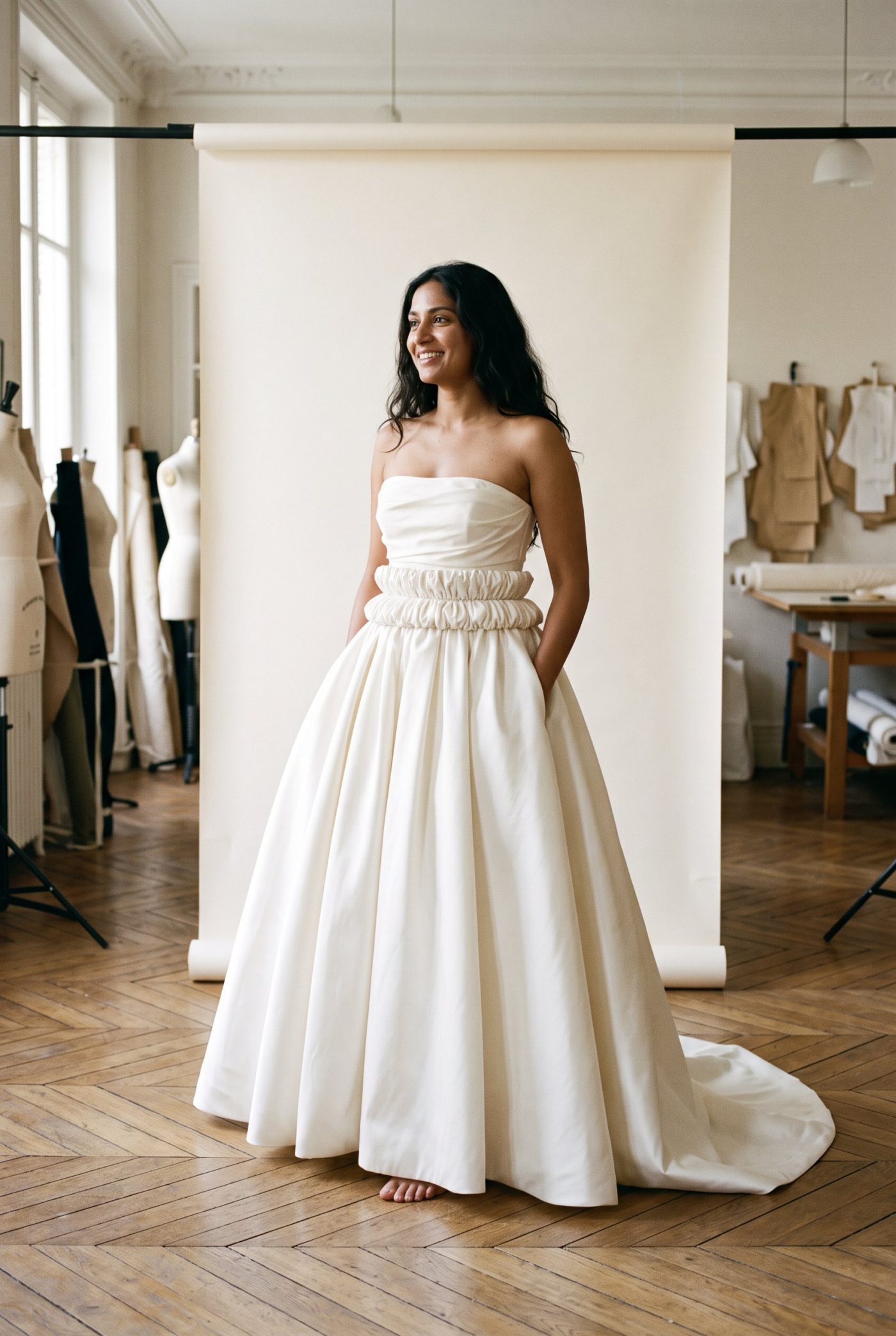 Robe de mariée Bouillonné portée en atelier, vue de face, en Mikado de soie