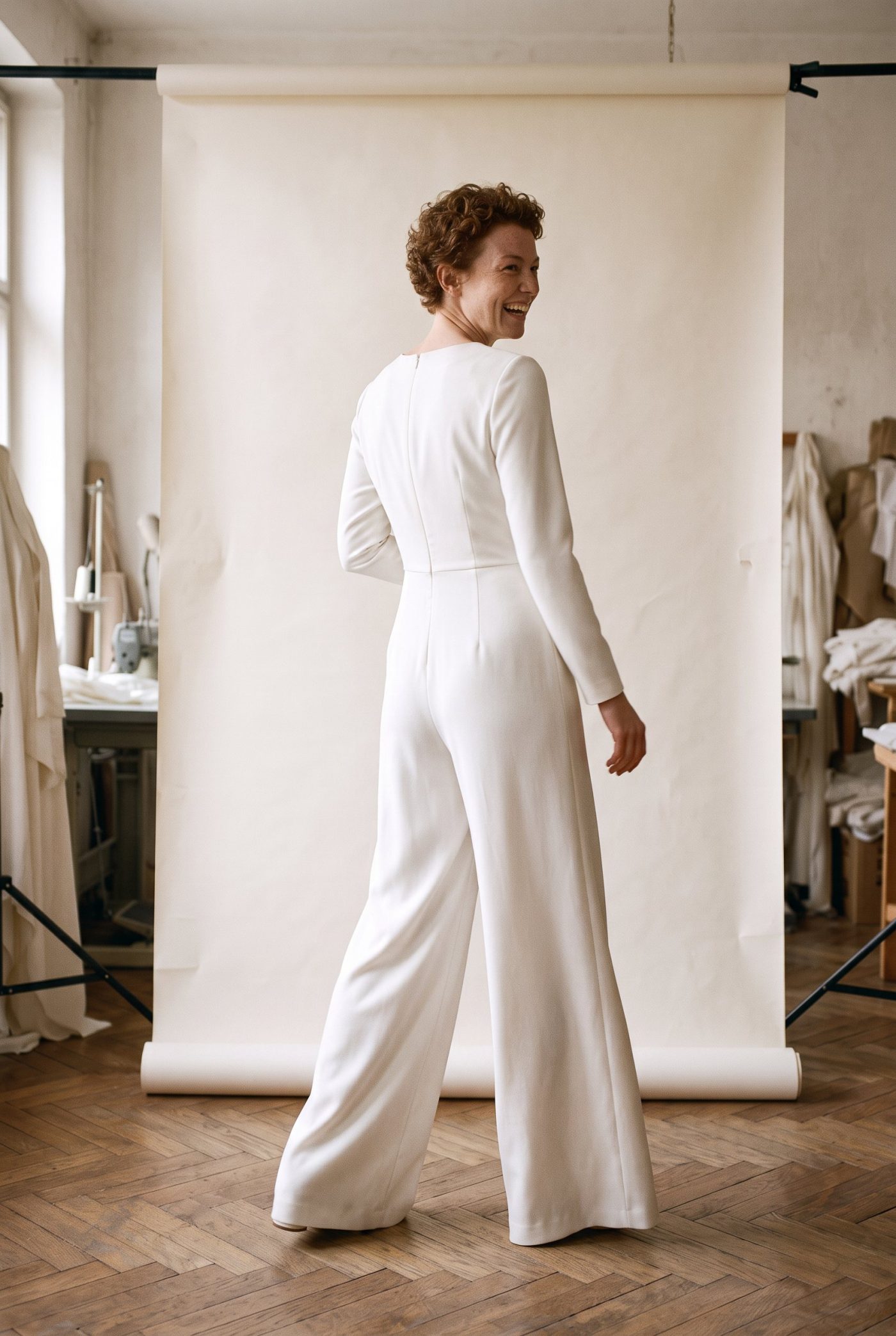 Robe de mariée Droit-fil vue de dos, devant un fond de papier écru