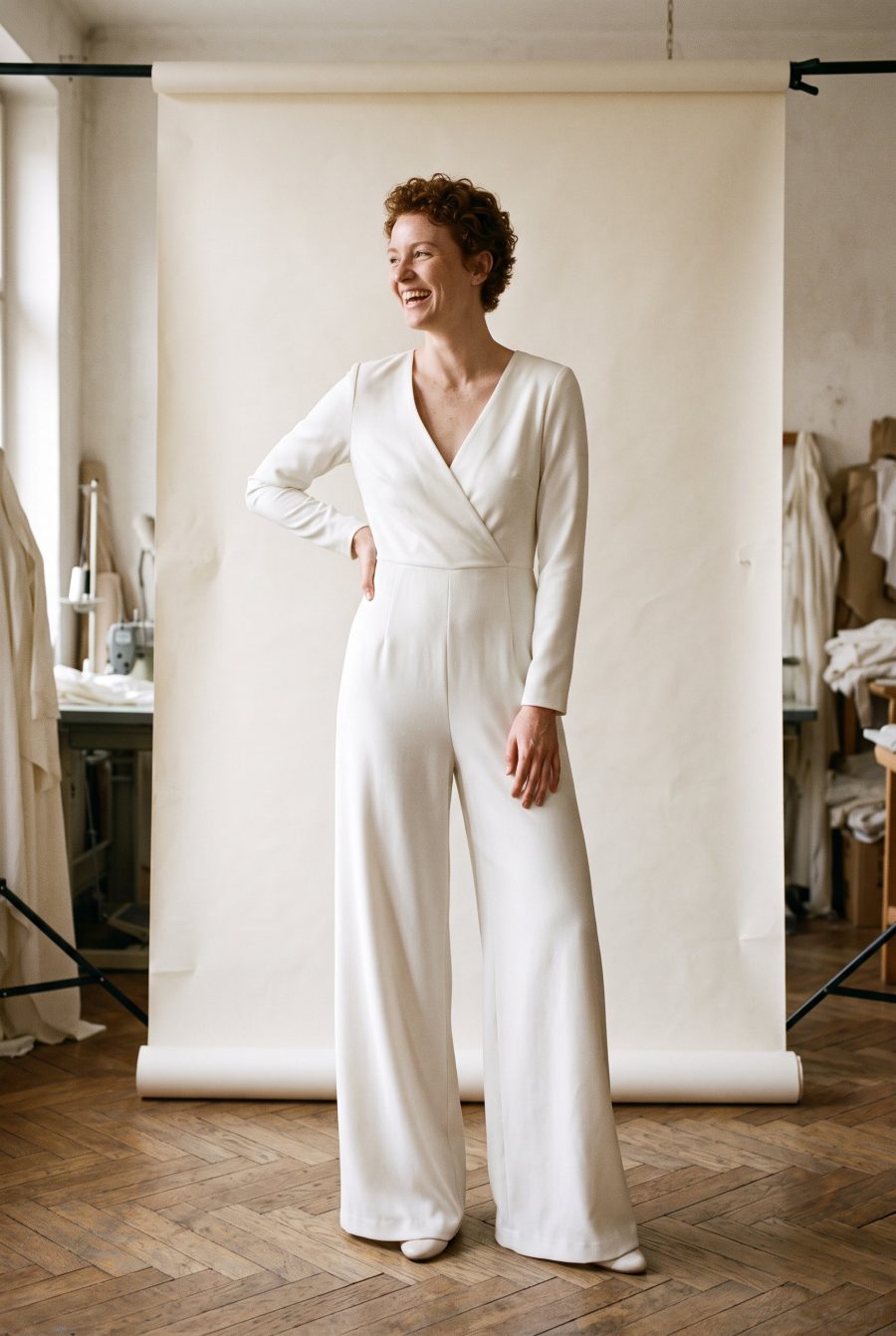 Robe de mariée Droit-fil portée en atelier, vue de face, en Crêpe de laine fine