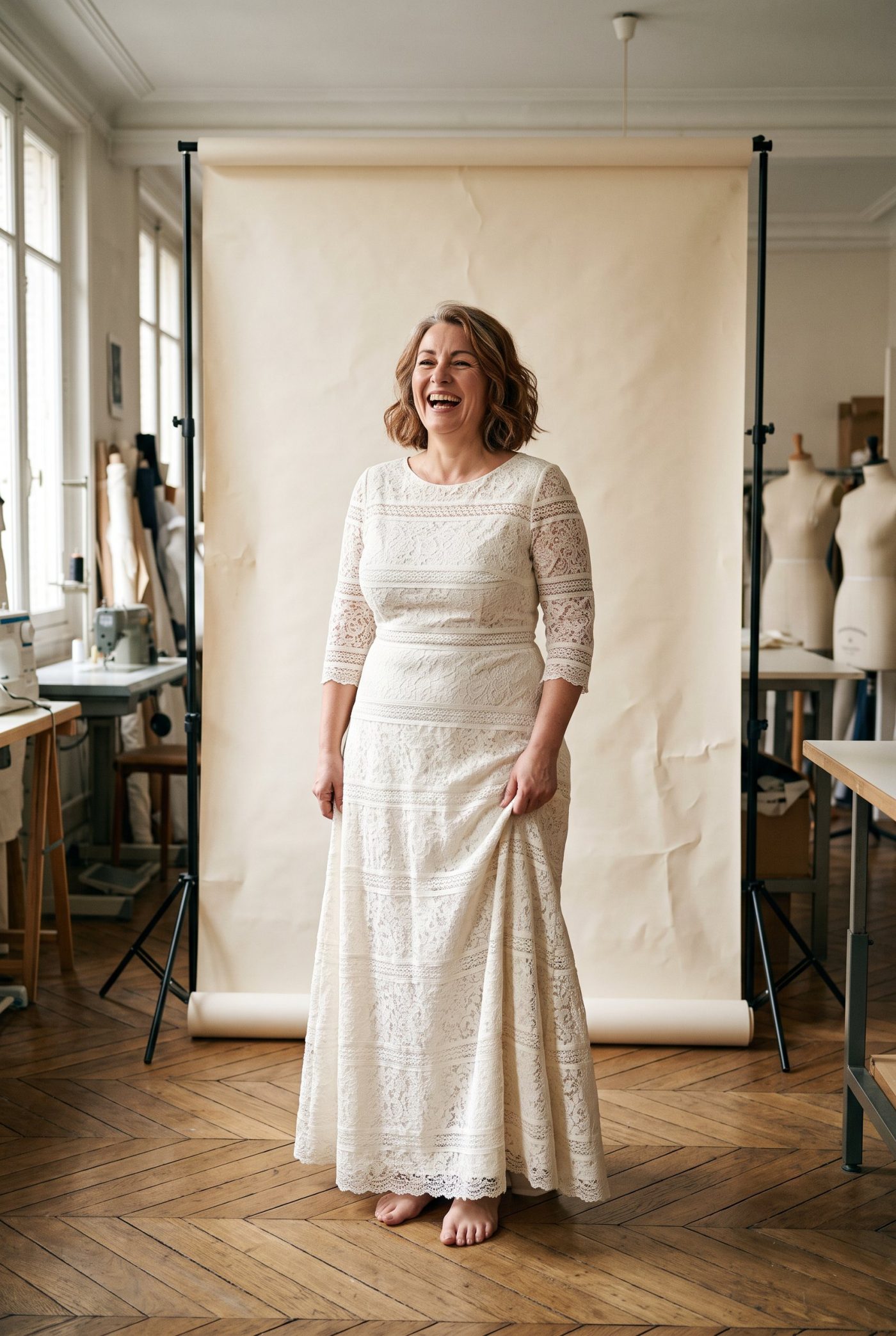 Robe de mariée Entre-deux portée en atelier, vue de face, en Dentelle de Calais