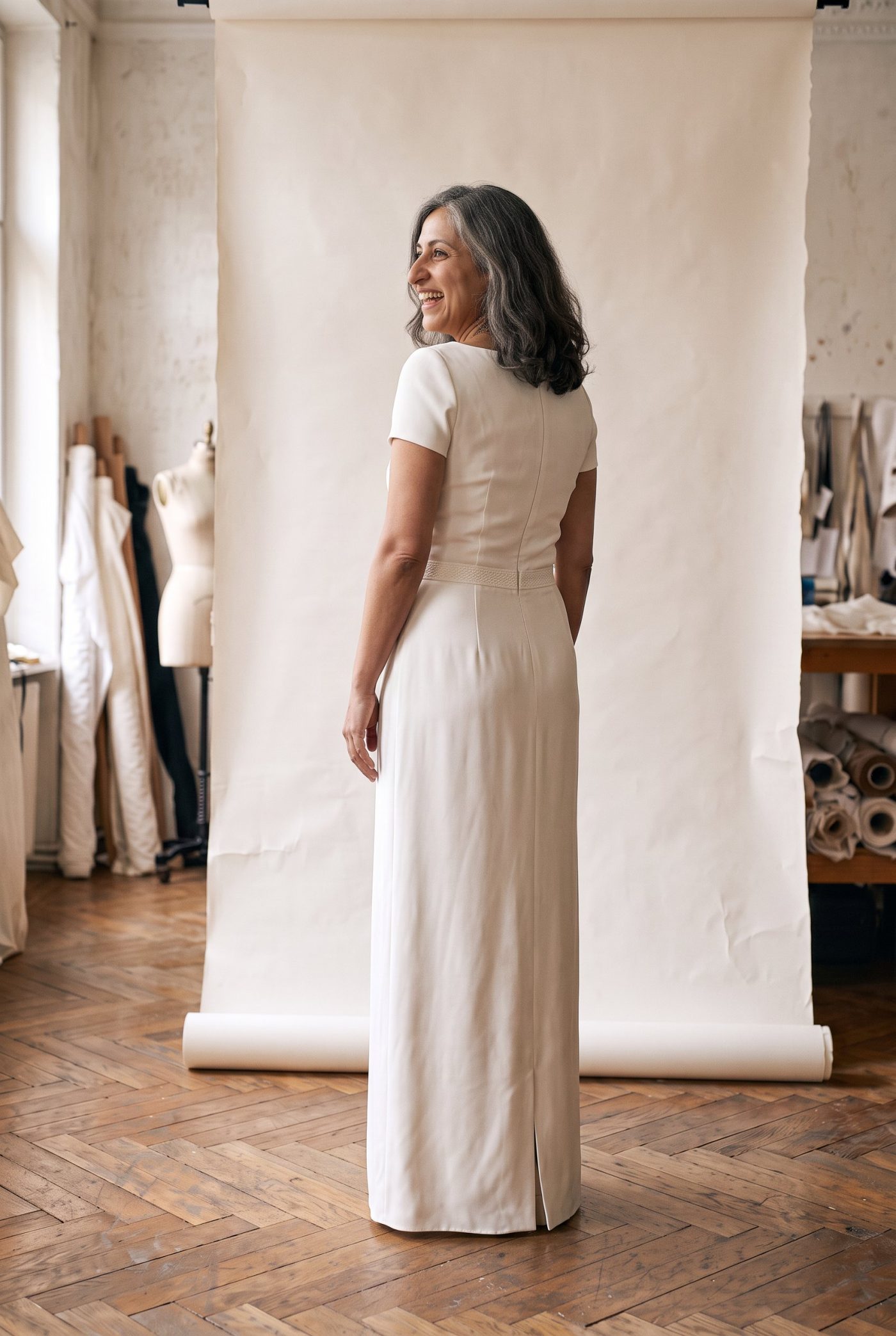 Robe de mariée Galon vue de dos, devant un fond de papier écru