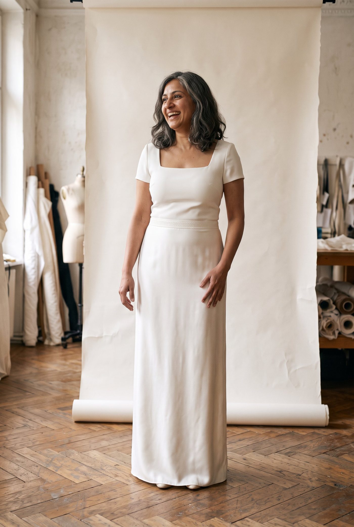 Robe de mariée Galon portée en atelier, vue de face, en Crêpe et satin