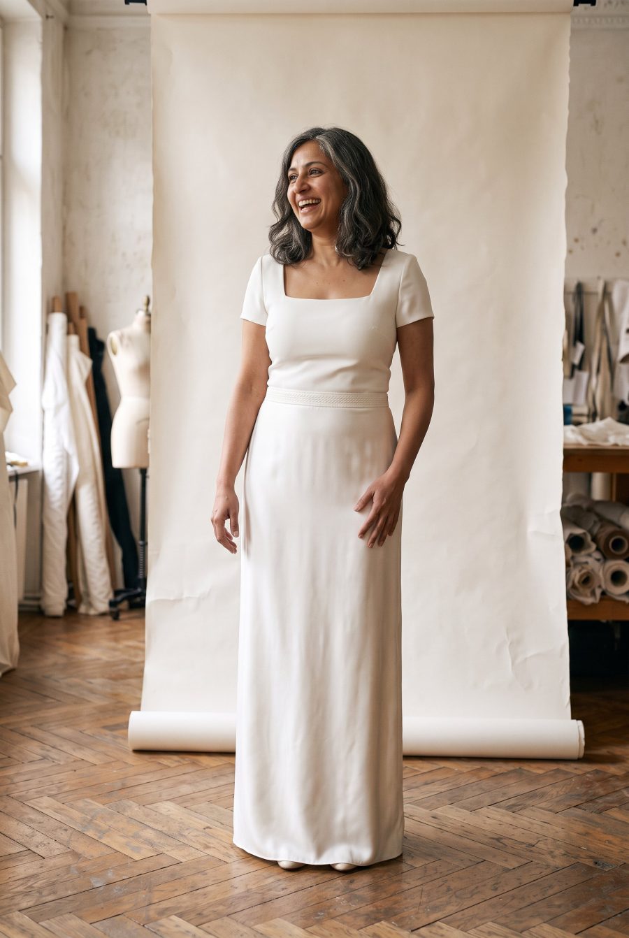 Robe de mariée Galon portée en atelier, vue de face, en Crêpe et satin