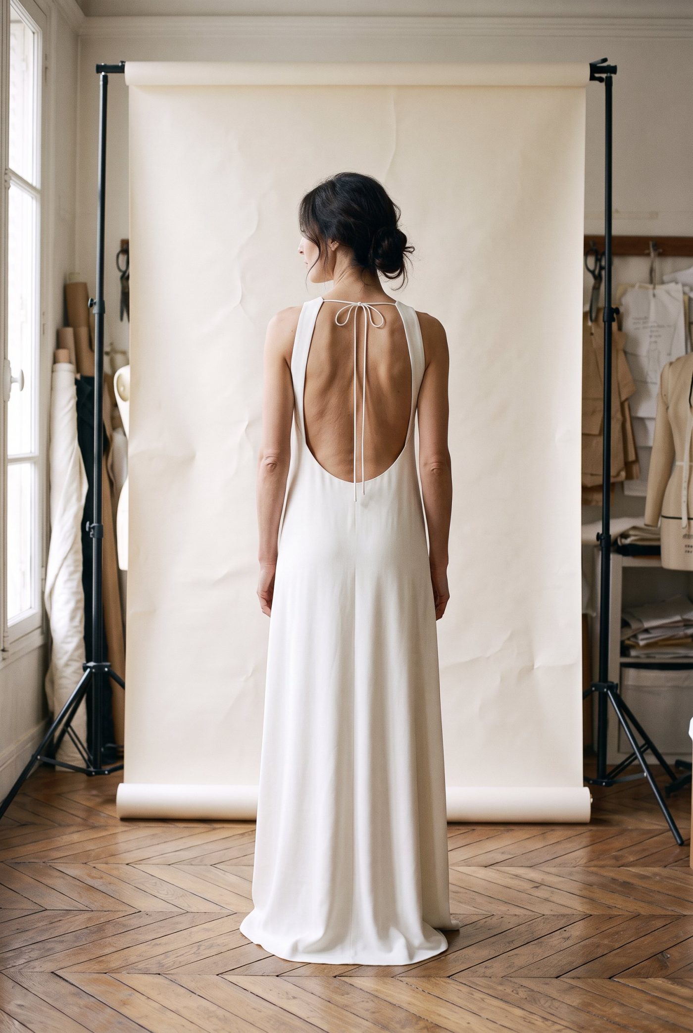 Robe de mariée Ganse vue de dos, devant un fond de papier écru