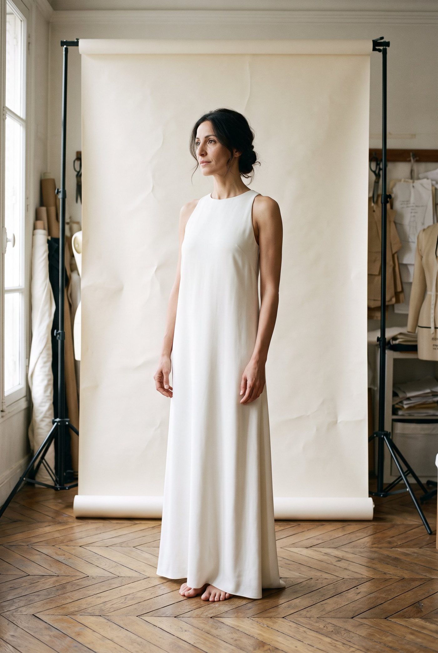 Robe de mariée Ganse portée en atelier, vue de face, en Crêpe de soie épais