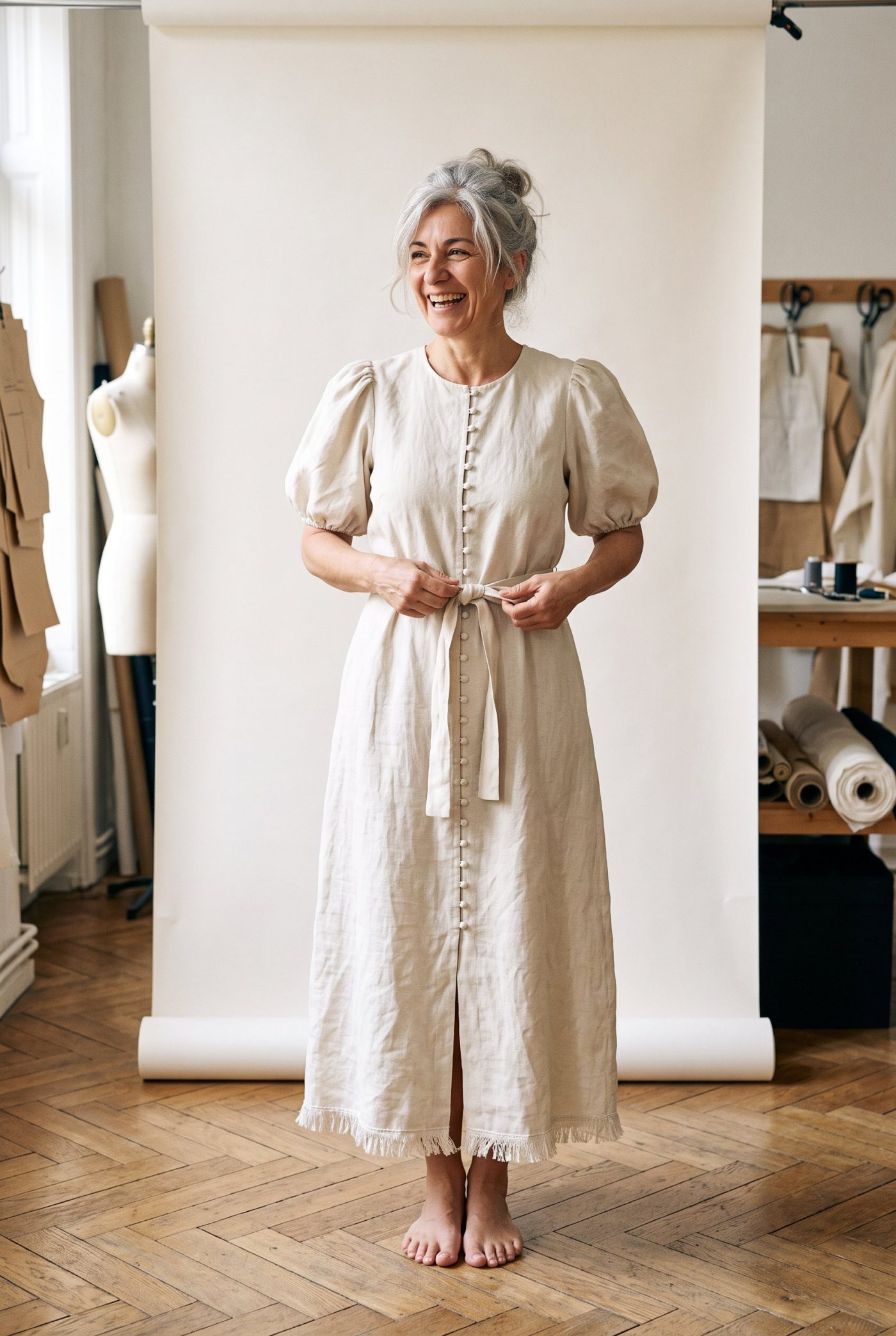 Robe de mariée Lisière portée en atelier, vue de face, en Lin et soie