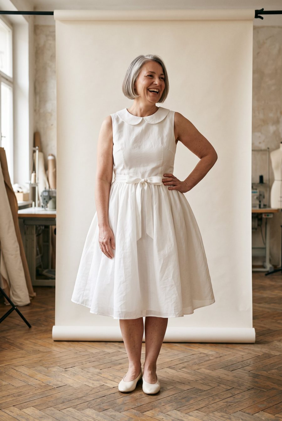 Robe de mariée Organdi portée en atelier, vue de face, en Organdi de coton