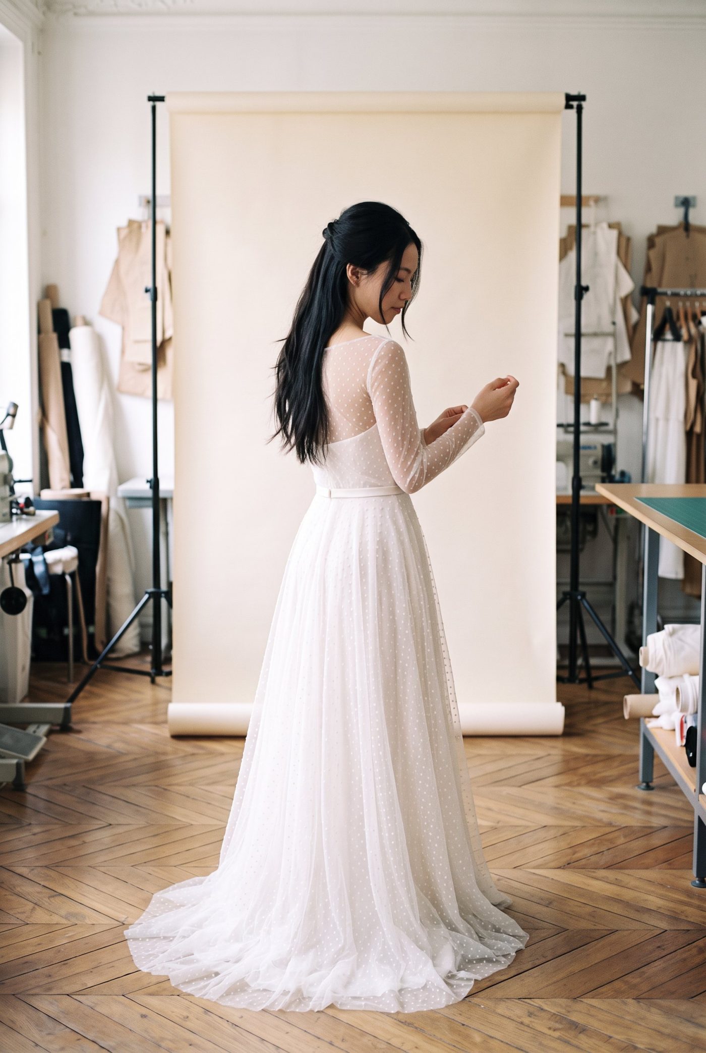 Robe de mariée Plumetis vue de dos, devant un fond de papier écru