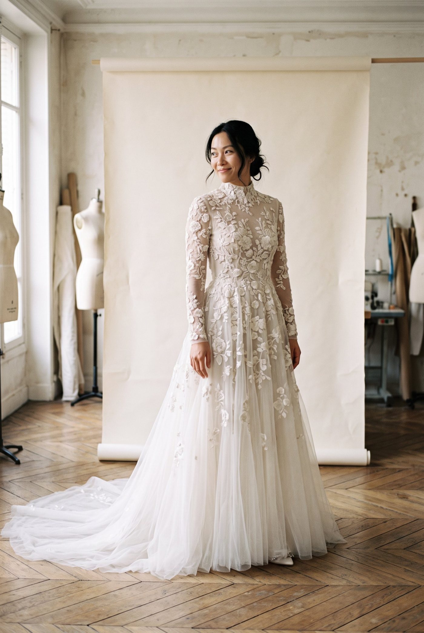 Robe de mariée Point de bourdon portée en atelier, vue de face, en Dentelle brodée main