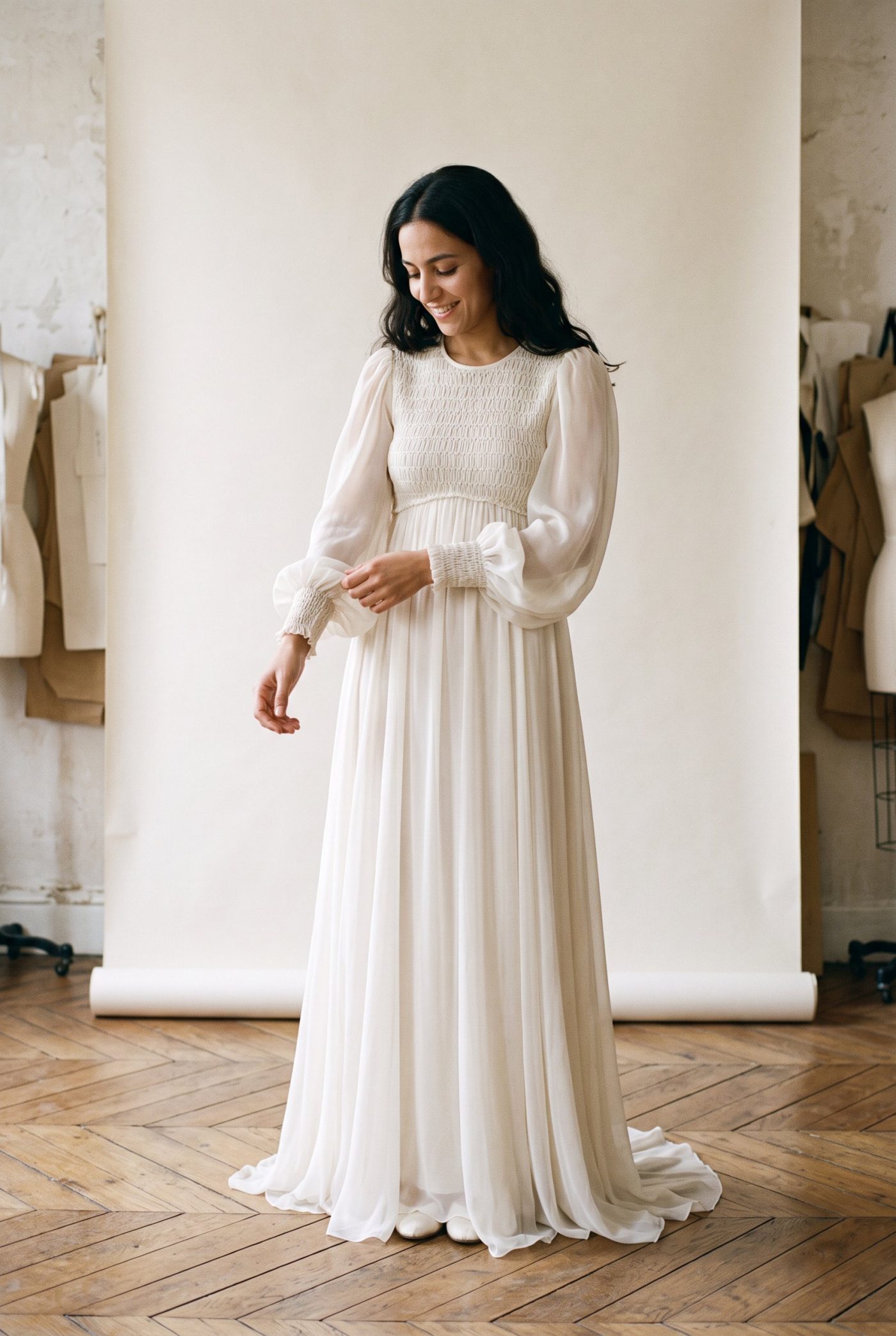 Robe de mariée Smocks portée en atelier, vue de face, en Mousseline de soie