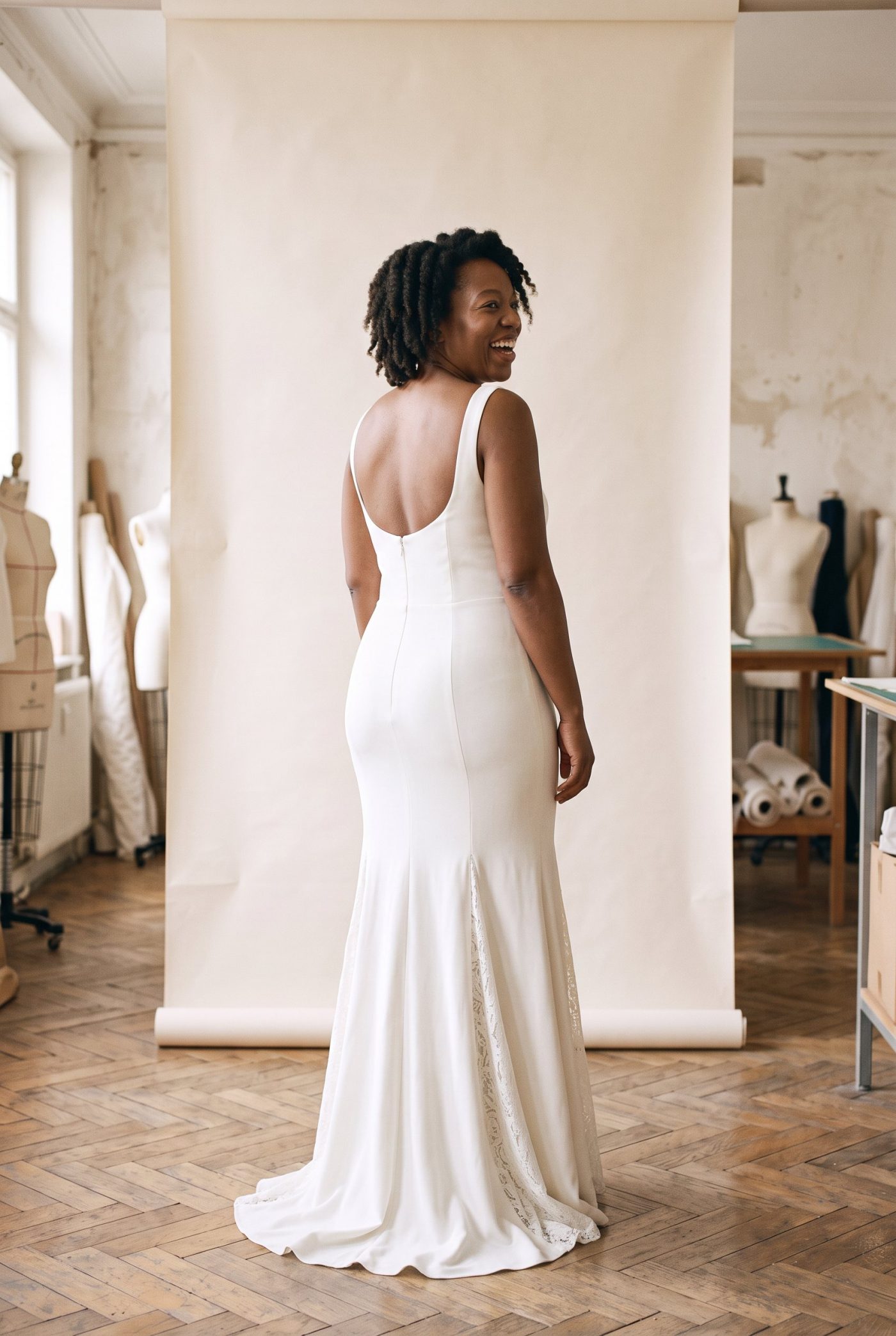 Robe de mariée Surjet vue de dos, devant un fond de papier écru