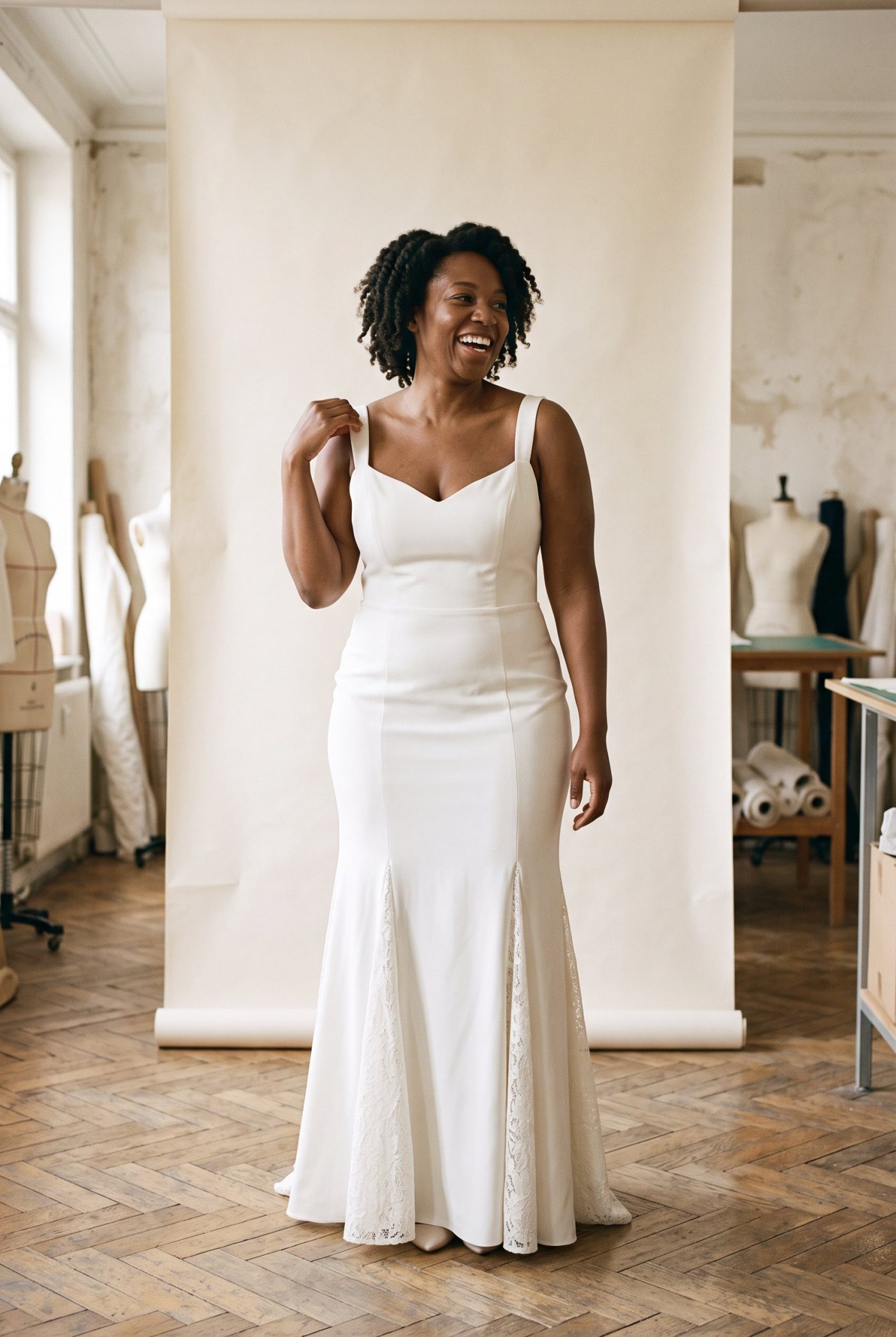 Robe de mariée Surjet portée en atelier, vue de face, en Crêpe et dentelle