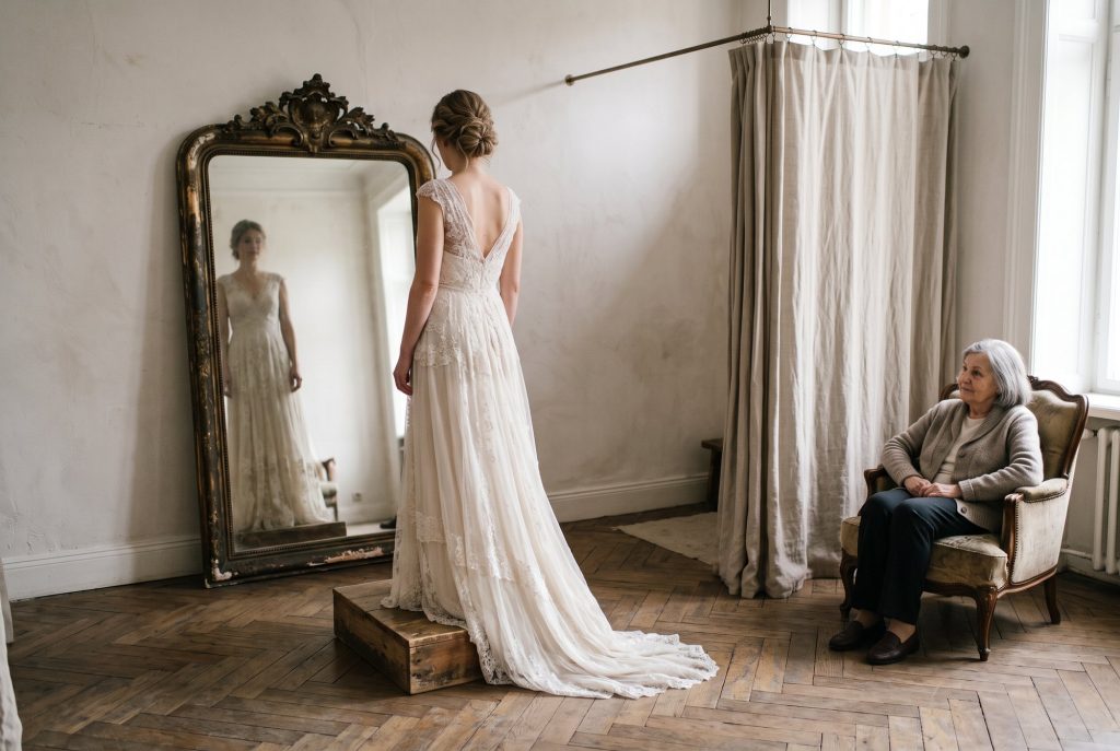 Salon d’essayage avec grand miroir ancien : une mariée de dos, une femme âgée assise qui la regarde